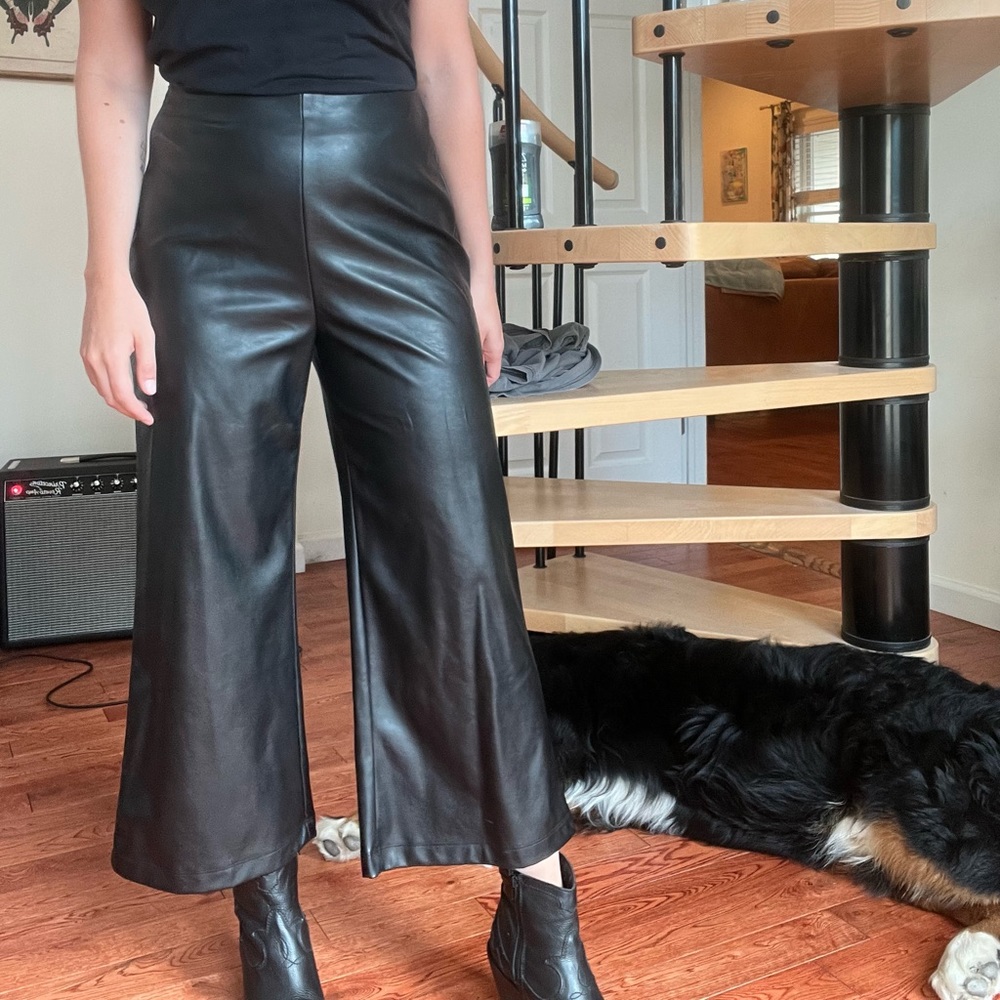 Black “leather” high rise flair bottom pants